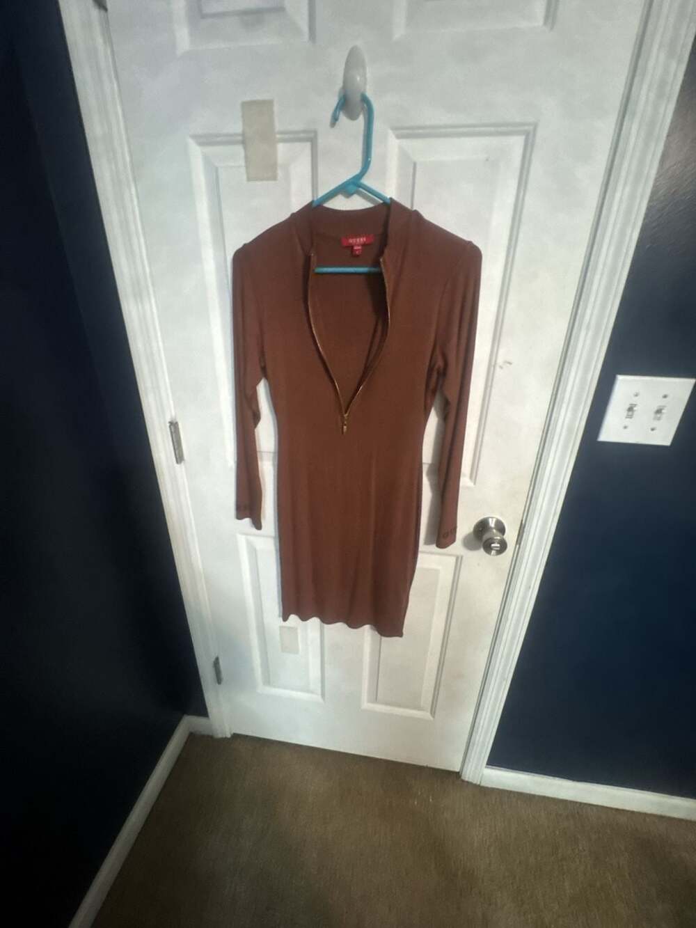 Guess Ribbed Long Sleeve Zip-Front Mini Dress Brown Size L